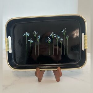 Elegant Vintage MCM Japanese Black Lacquer Blue Floral Serving Tray w/ Gold Trim